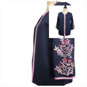 Bob Mackie | Floral Embroidered Sleeve Open Front Jacket Navy | Size L